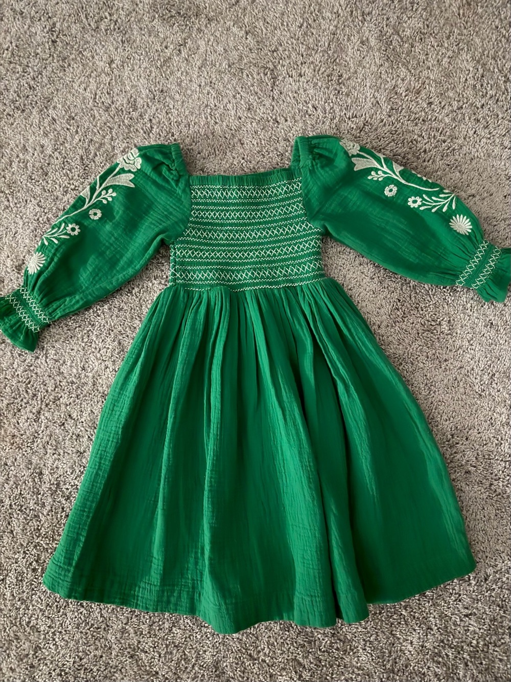 Mini Boden Green Embroidered Puff-Sleeve Dress - 2-3yr